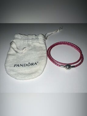Pandora Pink Braided Double-Wrap Leather Bracelet with Silver Clasp